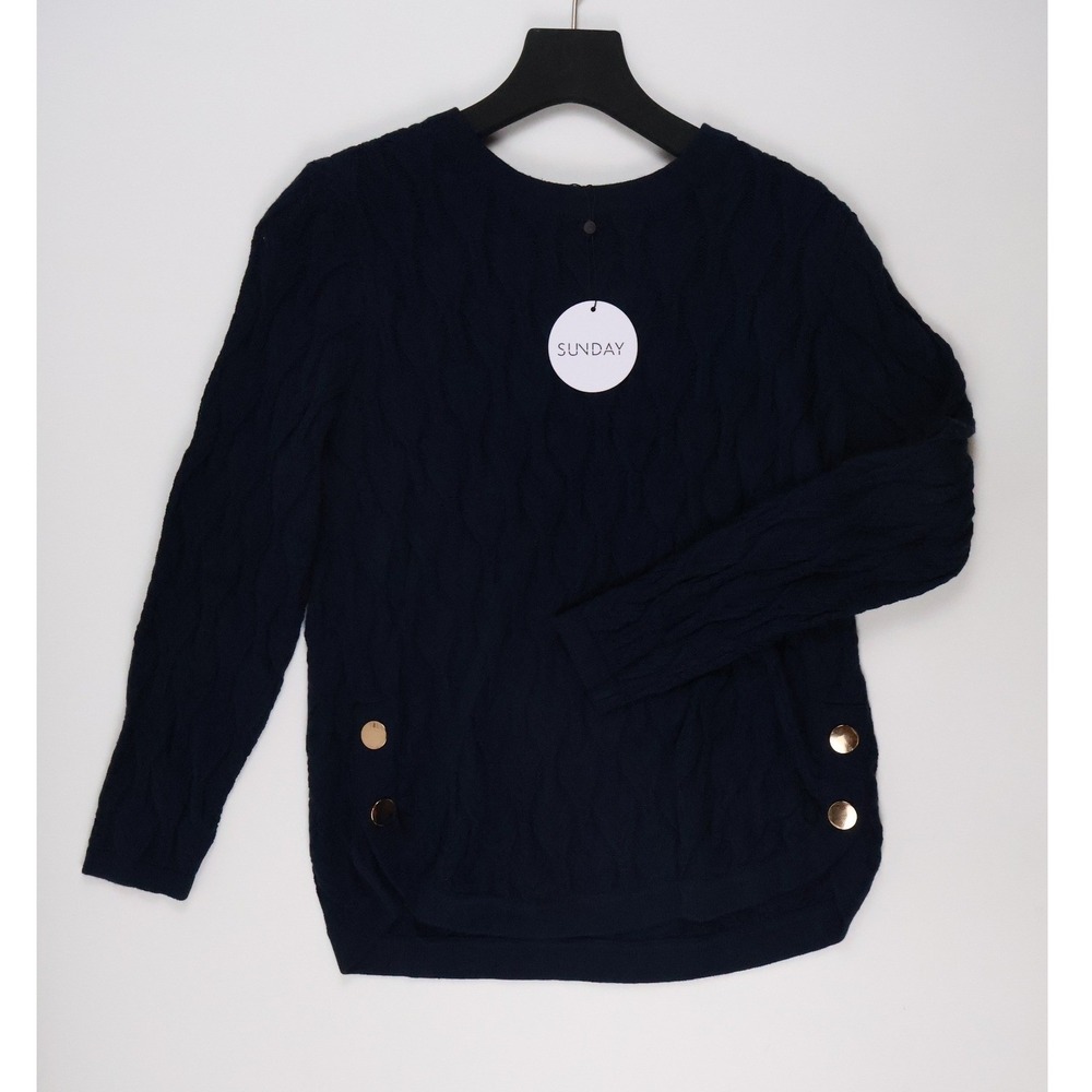 Sunday Cable Knit Sweater Gold Button Detail Navy Blue M NWT
